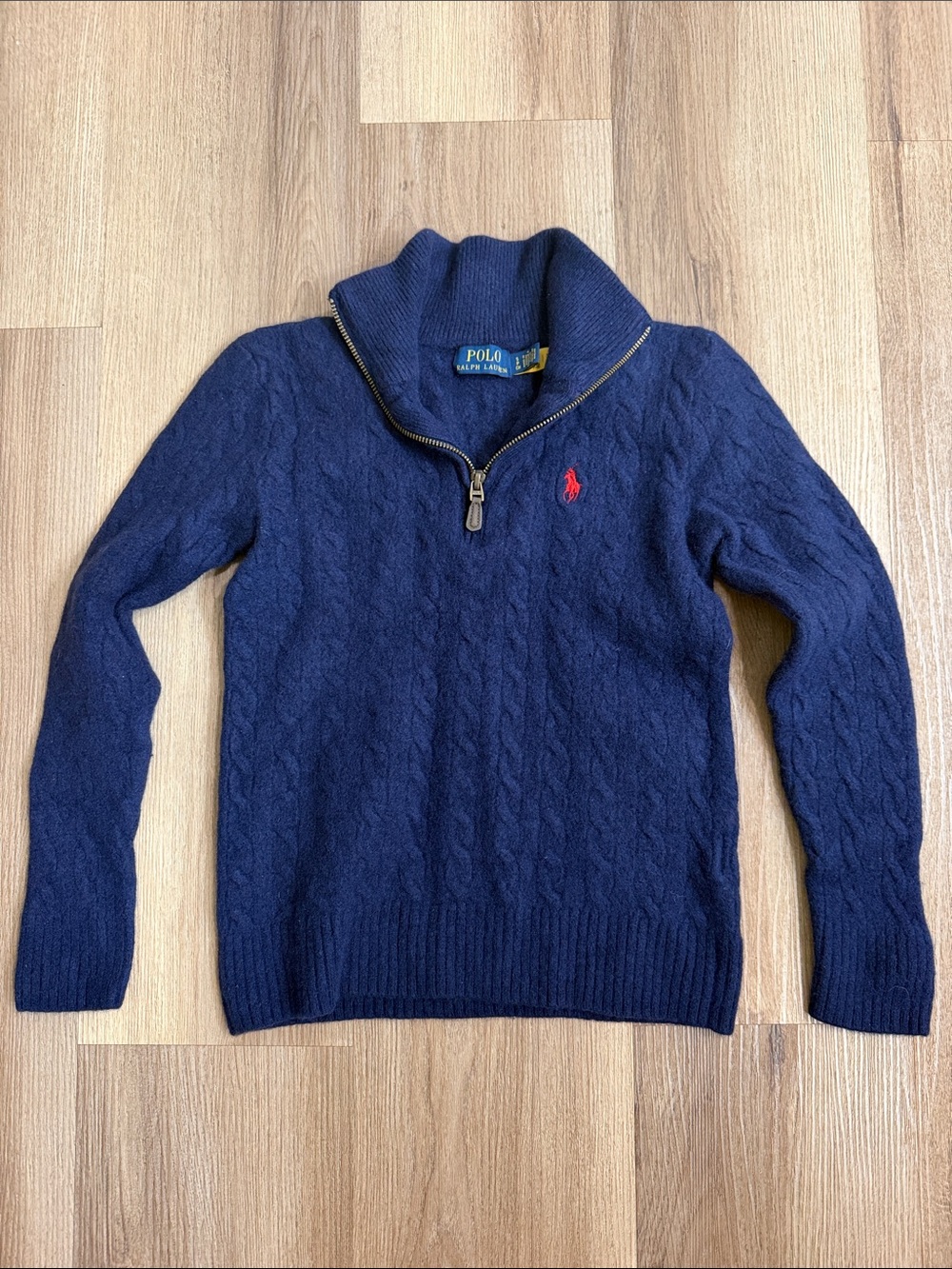 Ralph Lauren Polo Navy Blue 1/4 Zip Wool Cashmere Cable Knit Sweater Boys Small